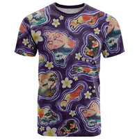 Hawaii Islands Map Design with Japanese Landscape T Shirt Hawaiian Japan Fusion Art Purple Color