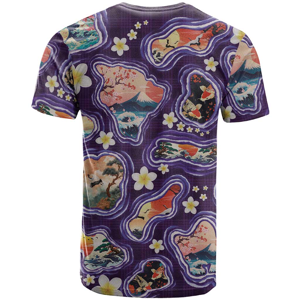 Hawaii Islands Map Design with Japanese Landscape T Shirt Hawaiian Japan Fusion Art Purple Color