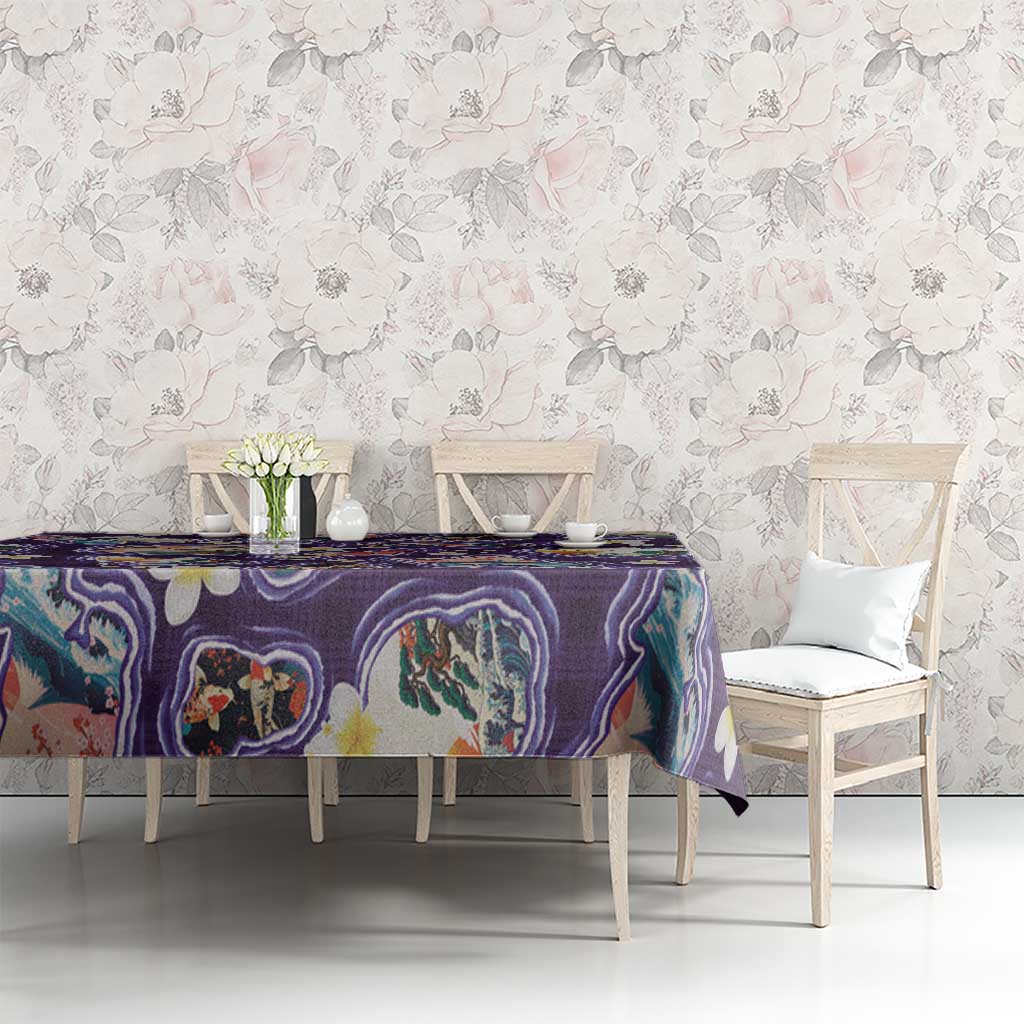 Hawaii Islands Map Design with Japanese Landscape Tablecloth Hawaiian Japan Fusion Art Purple Color