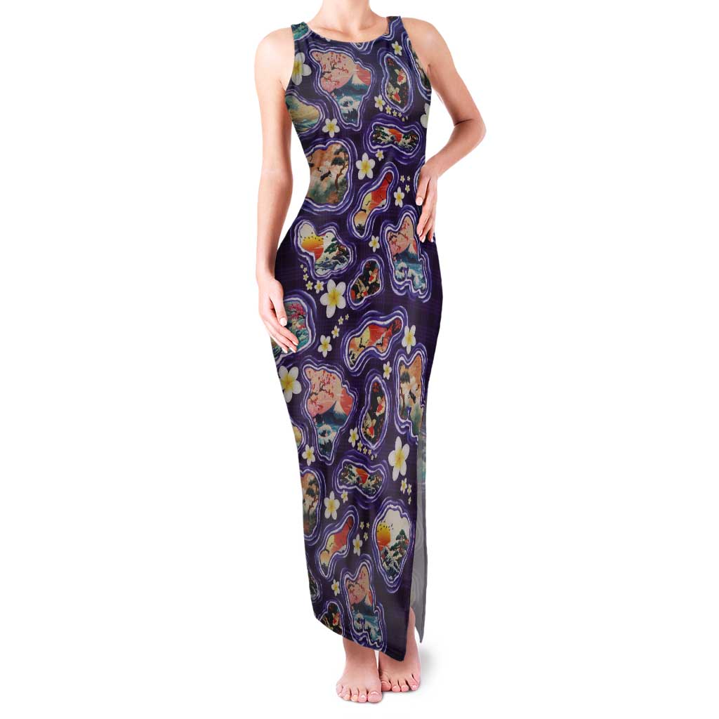Hawaii Islands Map Design with Japanese Landscape Tank Maxi Dress Hawaiian Japan Fusion Art Purple Color LT03 Women Purple - Polynesian Pride