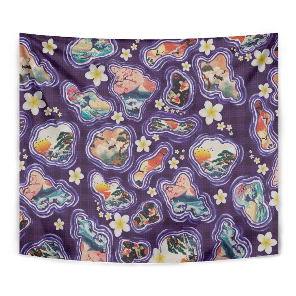 Hawaii Islands Map Design with Japanese Landscape Tapestry Hawaiian Japan Fusion Art Purple Color