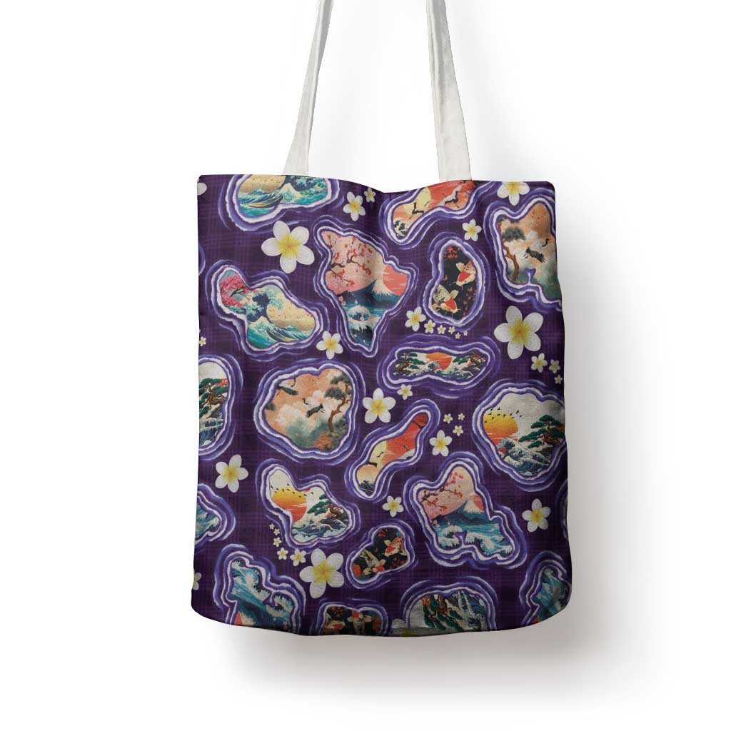 Hawaii Islands Map Design with Japanese Landscape Tote Bag Hawaiian Japan Fusion Art Purple Color