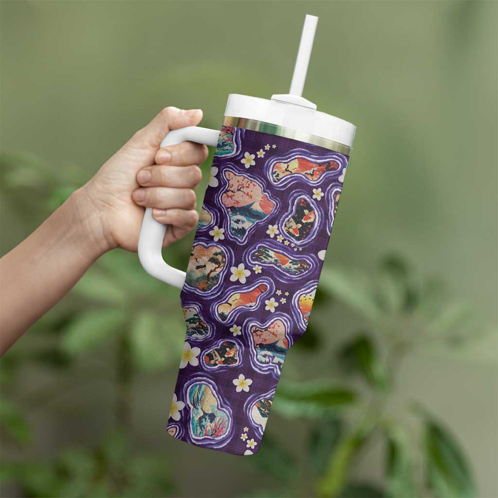 Hawaii Islands Map Design with Japanese Landscape Tumbler With Handle Hawaiian Japan Fusion Art Purple Color