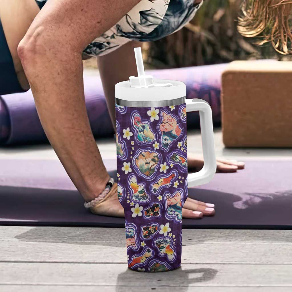 Hawaii Islands Map Design with Japanese Landscape Tumbler With Handle Hawaiian Japan Fusion Art Purple Color