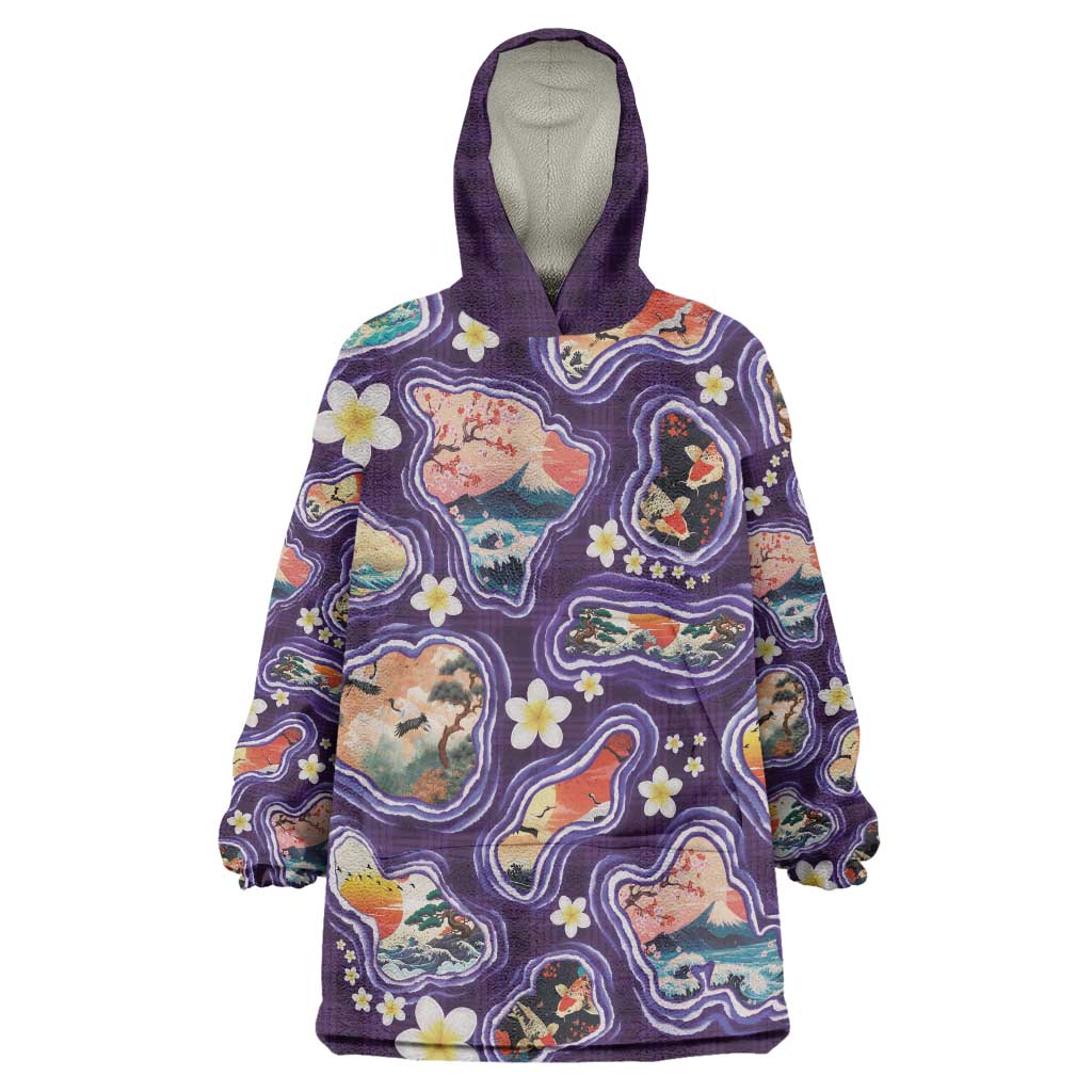 Hawaii Islands Map Design with Japanese Landscape Wearable Blanket Hoodie Hawaiian Japan Fusion Art Purple Color LT03 One Size Purple - Polynesian Pride