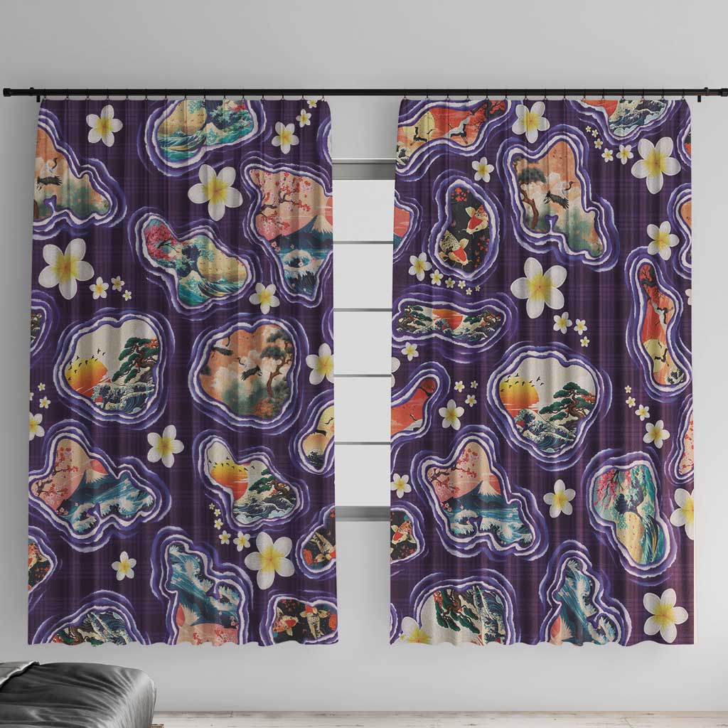 Hawaii Islands Map Design with Japanese Landscape Window Curtain Hawaiian Japan Fusion Art Purple Color