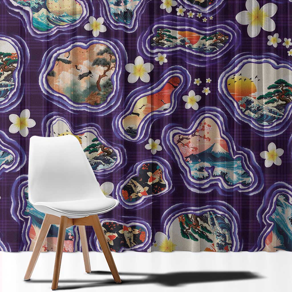 Hawaii Islands Map Design with Japanese Landscape Window Curtain Hawaiian Japan Fusion Art Purple Color