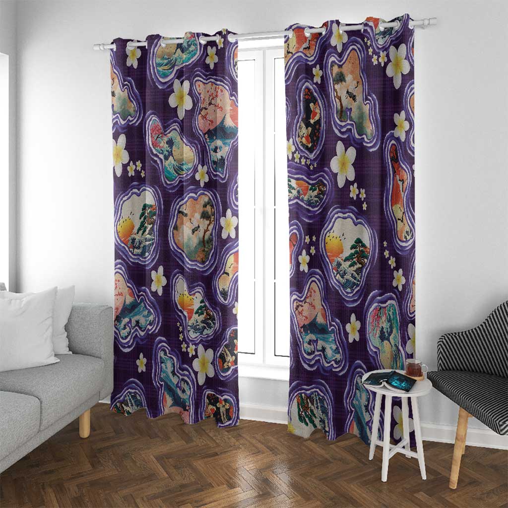 Hawaii Islands Map Design with Japanese Landscape Window Curtain Hawaiian Japan Fusion Art Purple Color