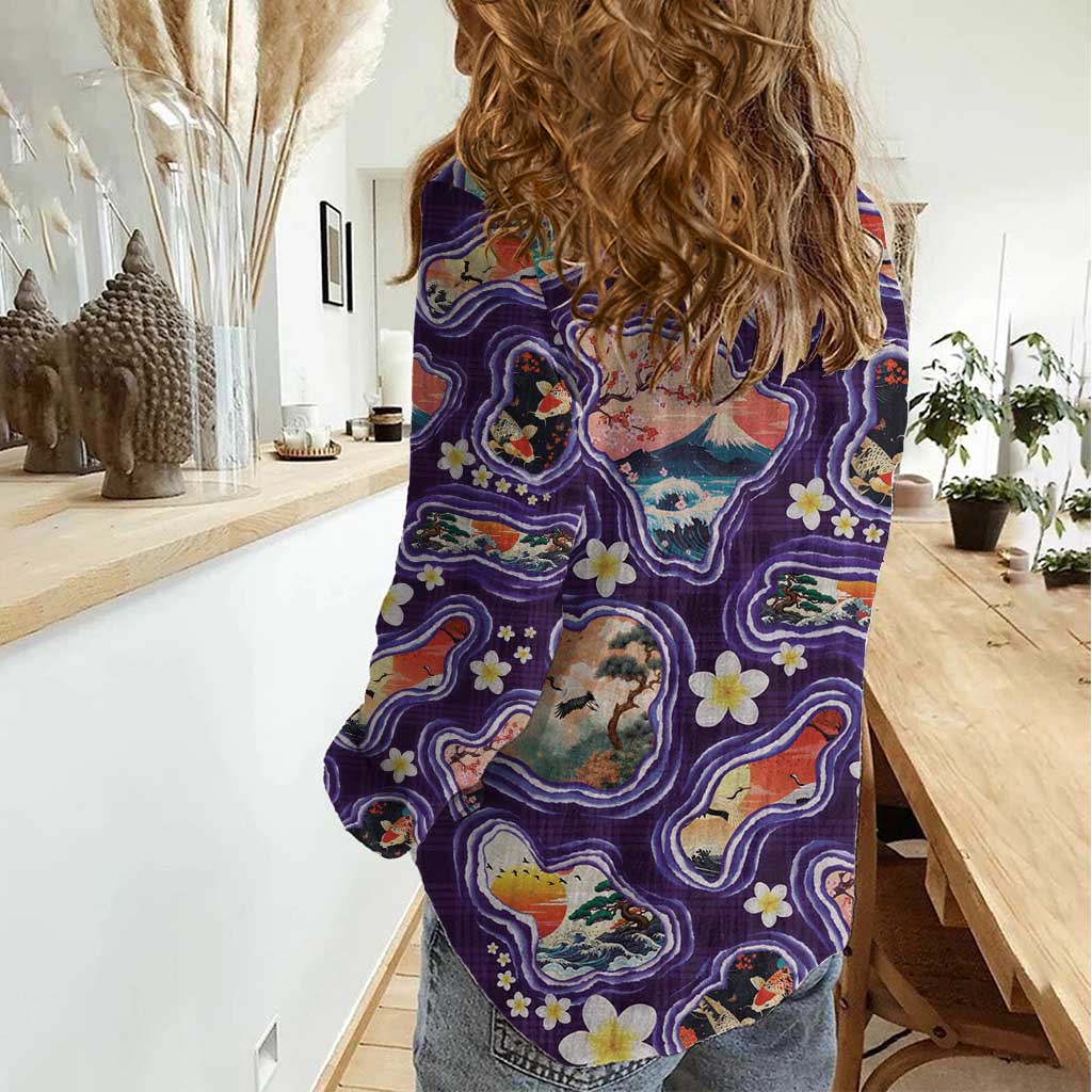 Hawaii Islands Map Design with Japanese Landscape Women Casual Shirt Hawaiian Japan Fusion Art Purple Color LT03 - Polynesian Pride