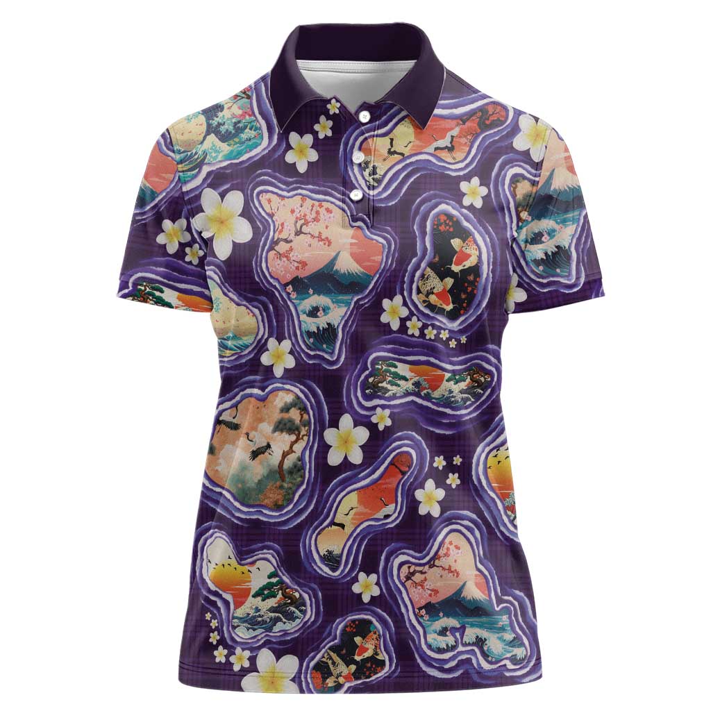 Hawaii Islands Map Design with Japanese Landscape Women Polo Shirt Hawaiian Japan Fusion Art Purple Color LT03 Female Purple - Polynesian Pride