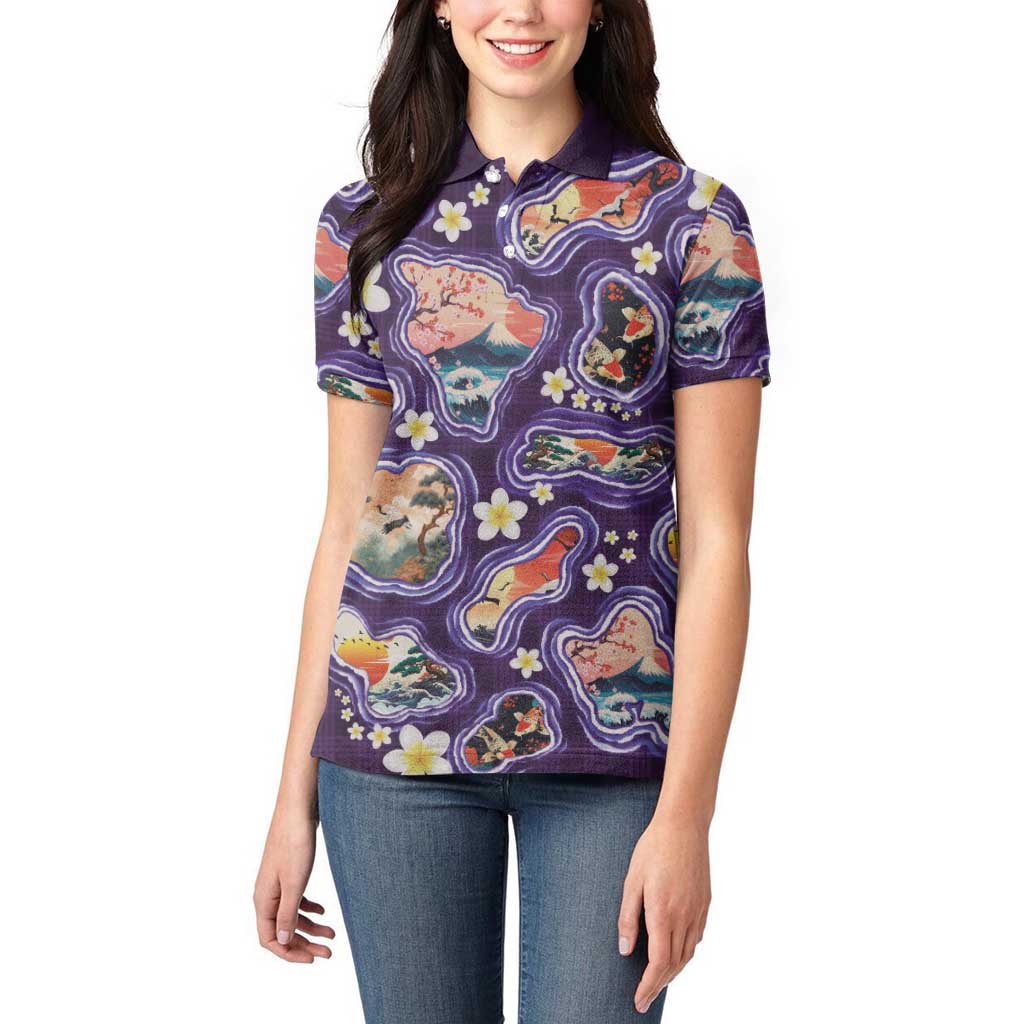 Hawaii Islands Map Design with Japanese Landscape Women Polo Shirt Hawaiian Japan Fusion Art Purple Color LT03 - Polynesian Pride