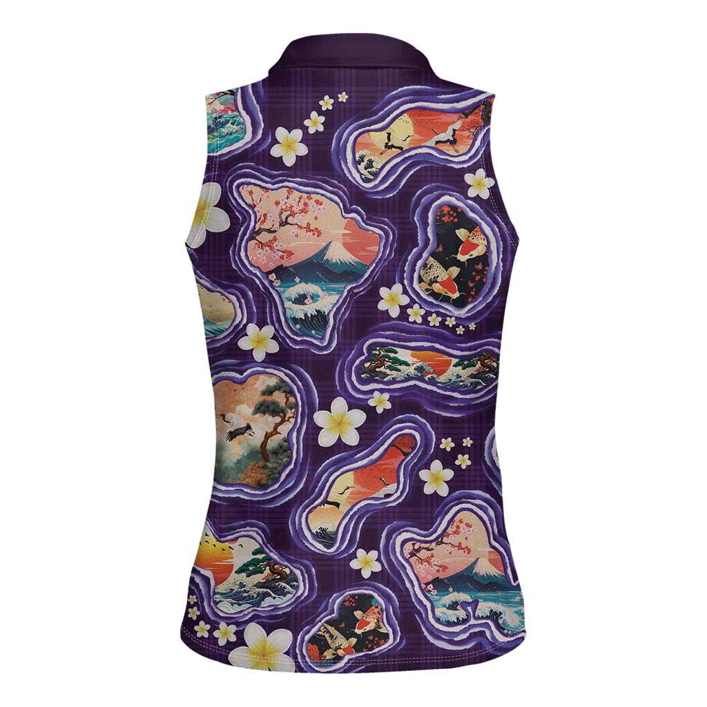 Hawaii Islands Map Design with Japanese Landscape Women Sleeveless Polo Shirt Hawaiian Japan Fusion Art Purple Color LT03 - Polynesian Pride