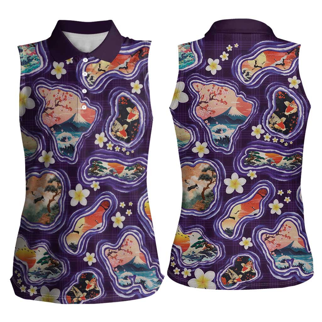 Hawaii Islands Map Design with Japanese Landscape Women Sleeveless Polo Shirt Hawaiian Japan Fusion Art Purple Color LT03 - Polynesian Pride