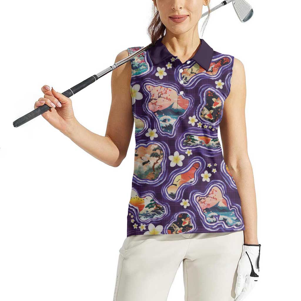 Hawaii Islands Map Design with Japanese Landscape Women Sleeveless Polo Shirt Hawaiian Japan Fusion Art Purple Color LT03 - Polynesian Pride