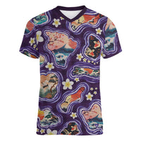 Hawaii Islands Map Design with Japanese Landscape Women V-Neck T-Shirt Hawaiian Japan Fusion Art Purple Color LT03 Female Purple - Polynesian Pride