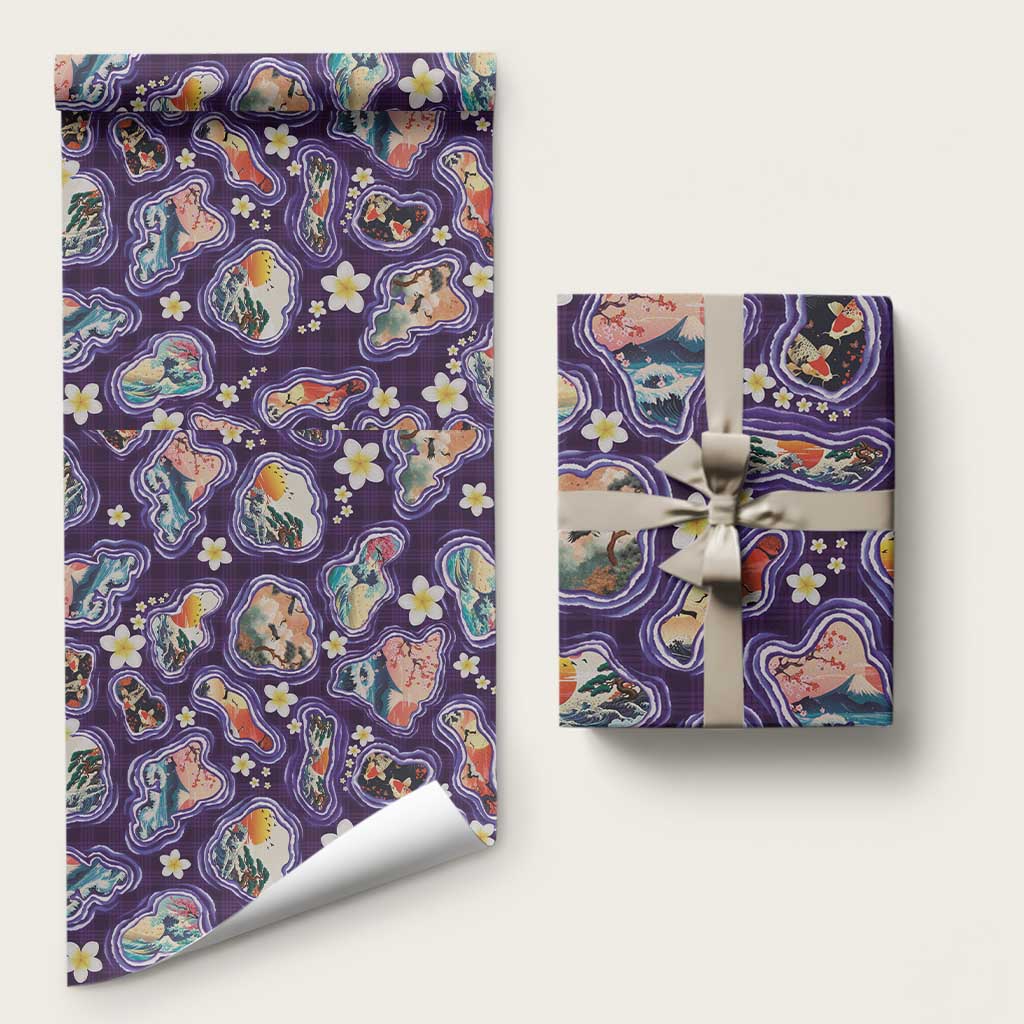 Hawaii Islands Map Design with Japanese Landscape Wrapping Paper Hawaiian Japan Fusion Art Purple Color