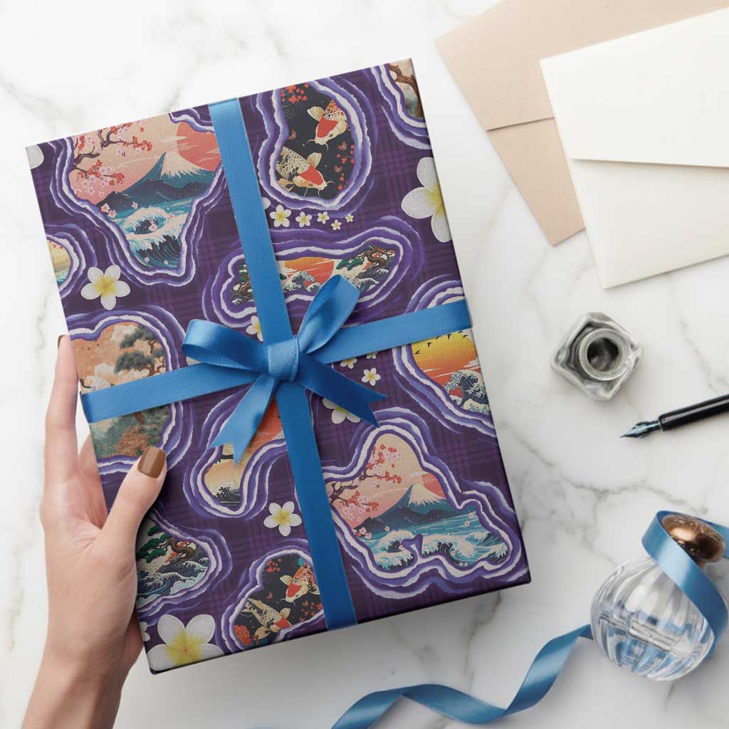 Hawaii Islands Map Design with Japanese Landscape Wrapping Paper Hawaiian Japan Fusion Art Purple Color