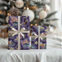 Hawaii Islands Map Design with Japanese Landscape Wrapping Paper Hawaiian Japan Fusion Art Purple Color