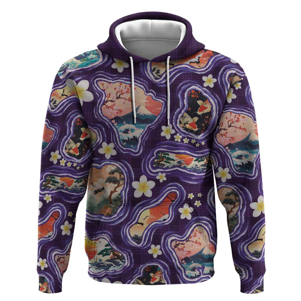 Hawaii Islands Map Design with Japanese Landscape Zip Hoodie Hawaiian Japan Fusion Art Purple Color LT03 Pullover Hoodie Purple - Polynesian Pride