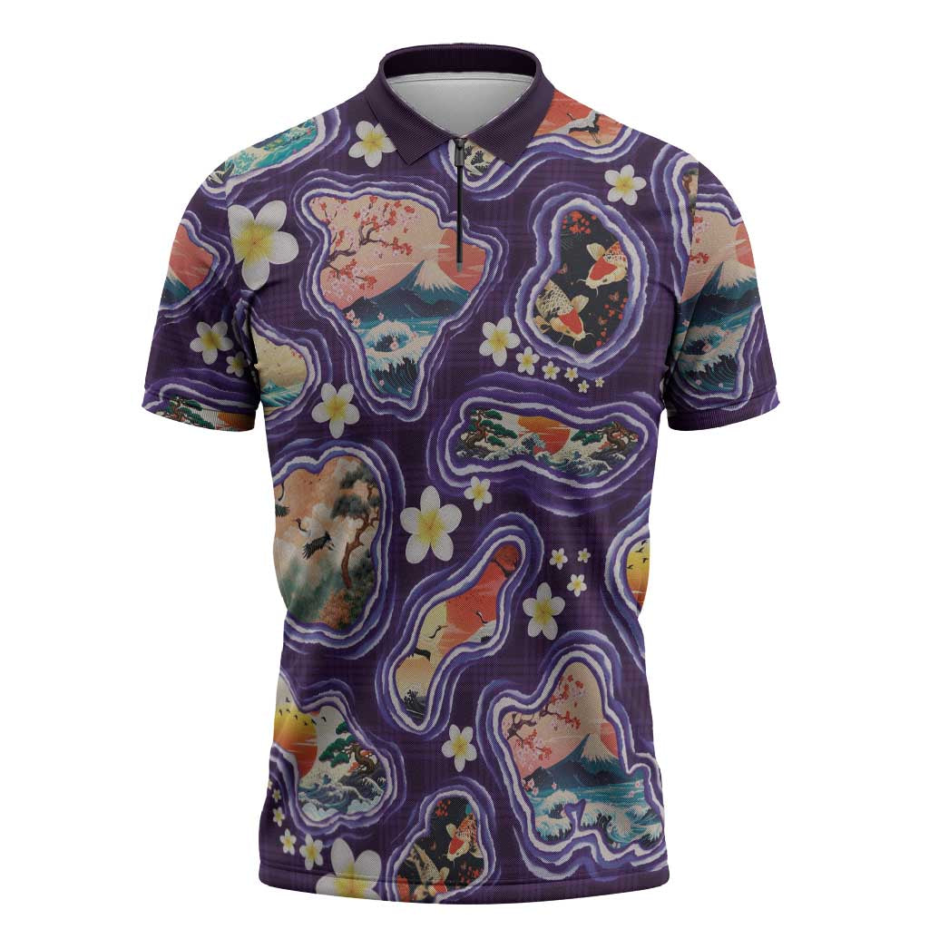 Hawaii Islands Map Design with Japanese Landscape Zipper Polo Shirt Hawaiian Japan Fusion Art Purple Color