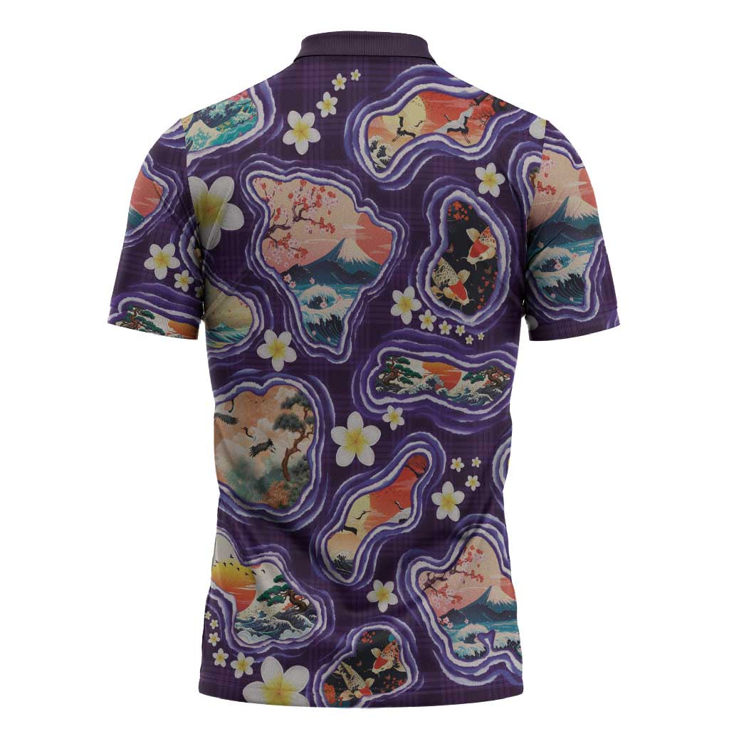 Hawaii Islands Map Design with Japanese Landscape Zipper Polo Shirt Hawaiian Japan Fusion Art Purple Color LT03 - Polynesian Pride