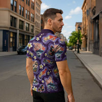 Hawaii Islands Map Design with Japanese Landscape Zipper Polo Shirt Hawaiian Japan Fusion Art Purple Color LT03 - Polynesian Pride