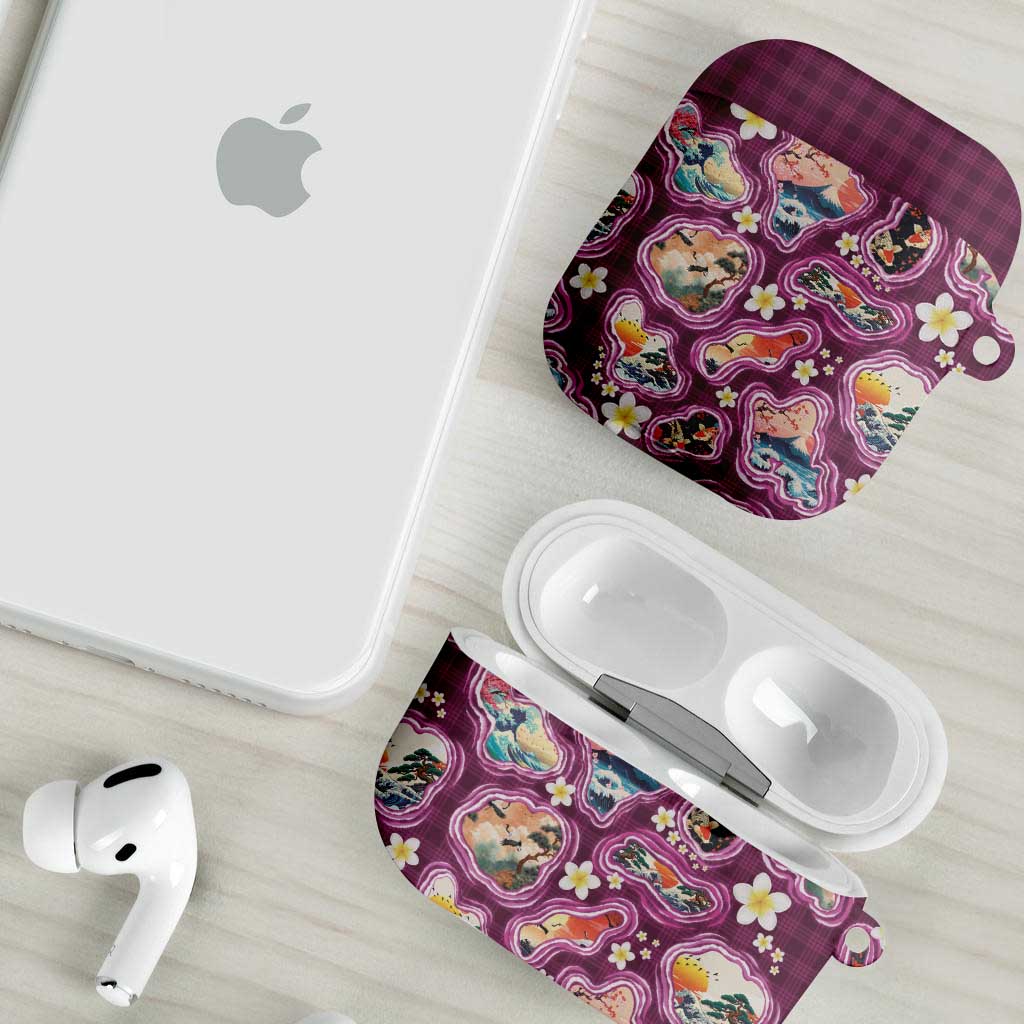 Hawaii Islands Map Design with Japanese Landscape AirPods Case Hawaiian Japan Fusion Art Pink Color