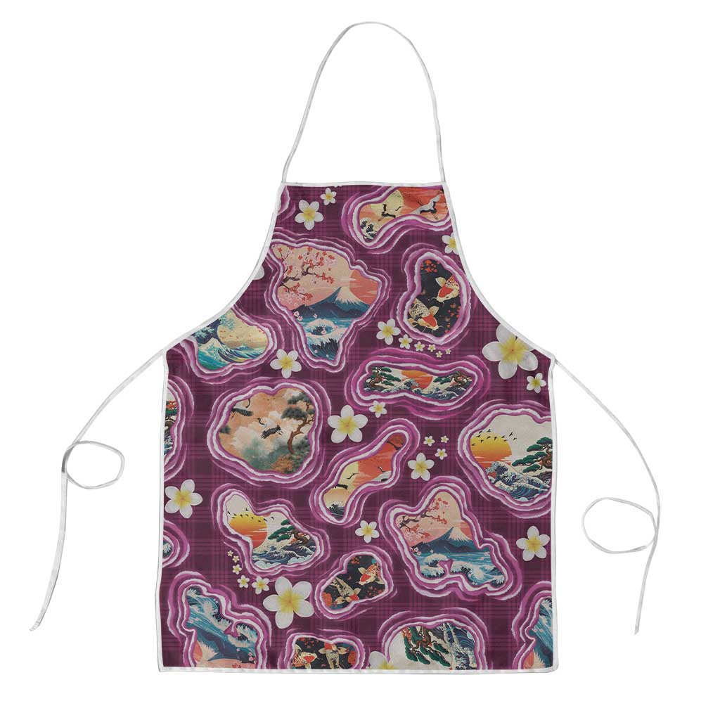 Hawaii Islands Map Design with Japanese Landscape Apron Hawaiian Japan Fusion Art Pink Color