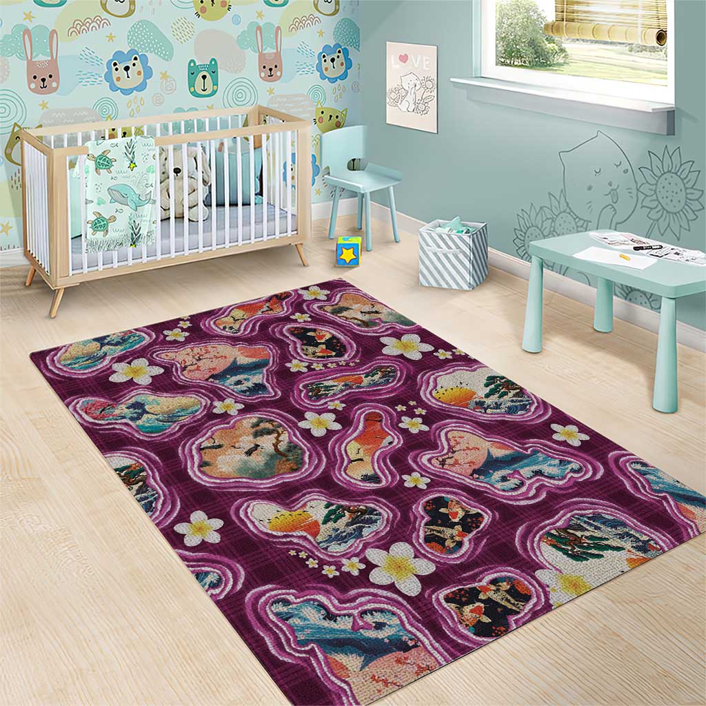 Hawaii Islands Map Design with Japanese Landscape Area Rug Hawaiian Japan Fusion Art Pink Color