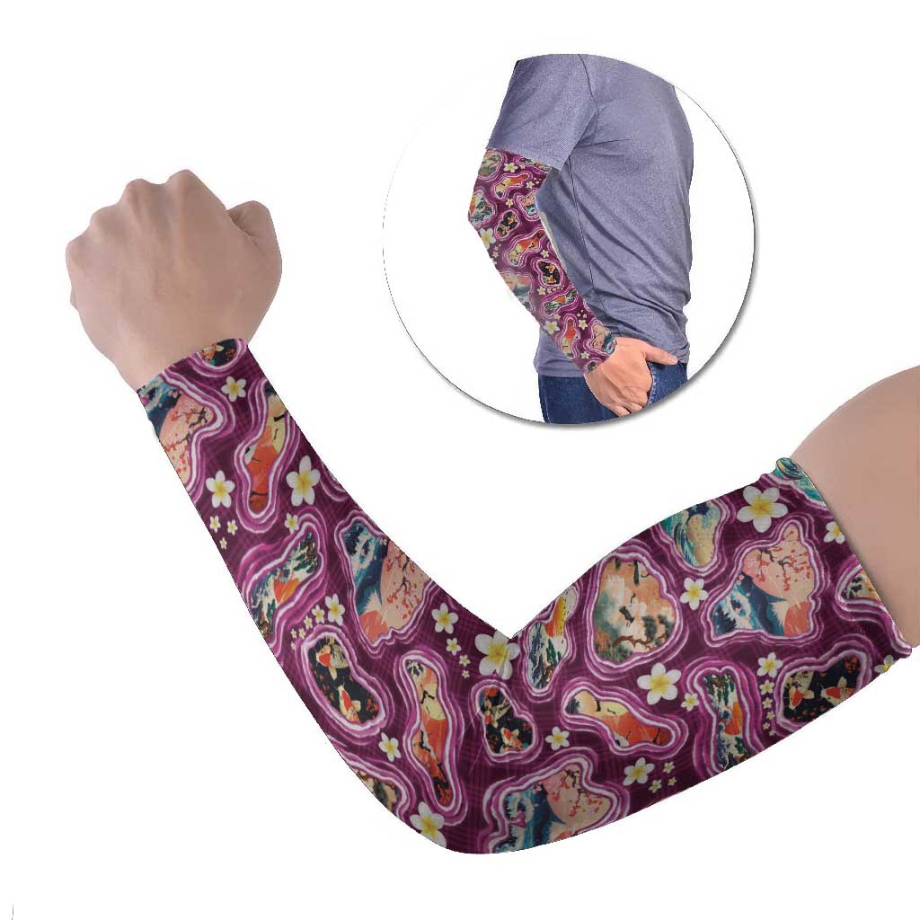 Hawaii Islands Map Design with Japanese Landscape Arm Sleeves Hawaiian Japan Fusion Art Pink Color