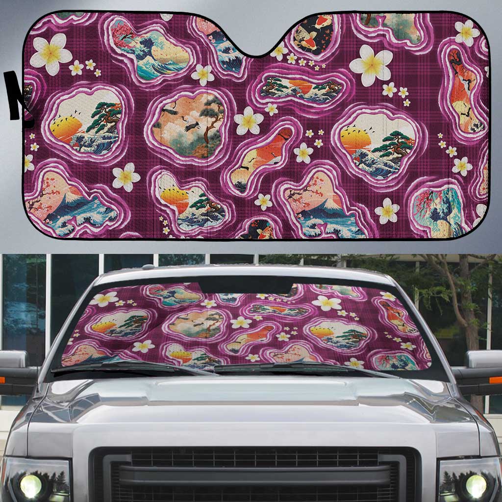 Hawaii Islands Map Design with Japanese Landscape Auto Sun Shade Hawaiian Japan Fusion Art Pink Color