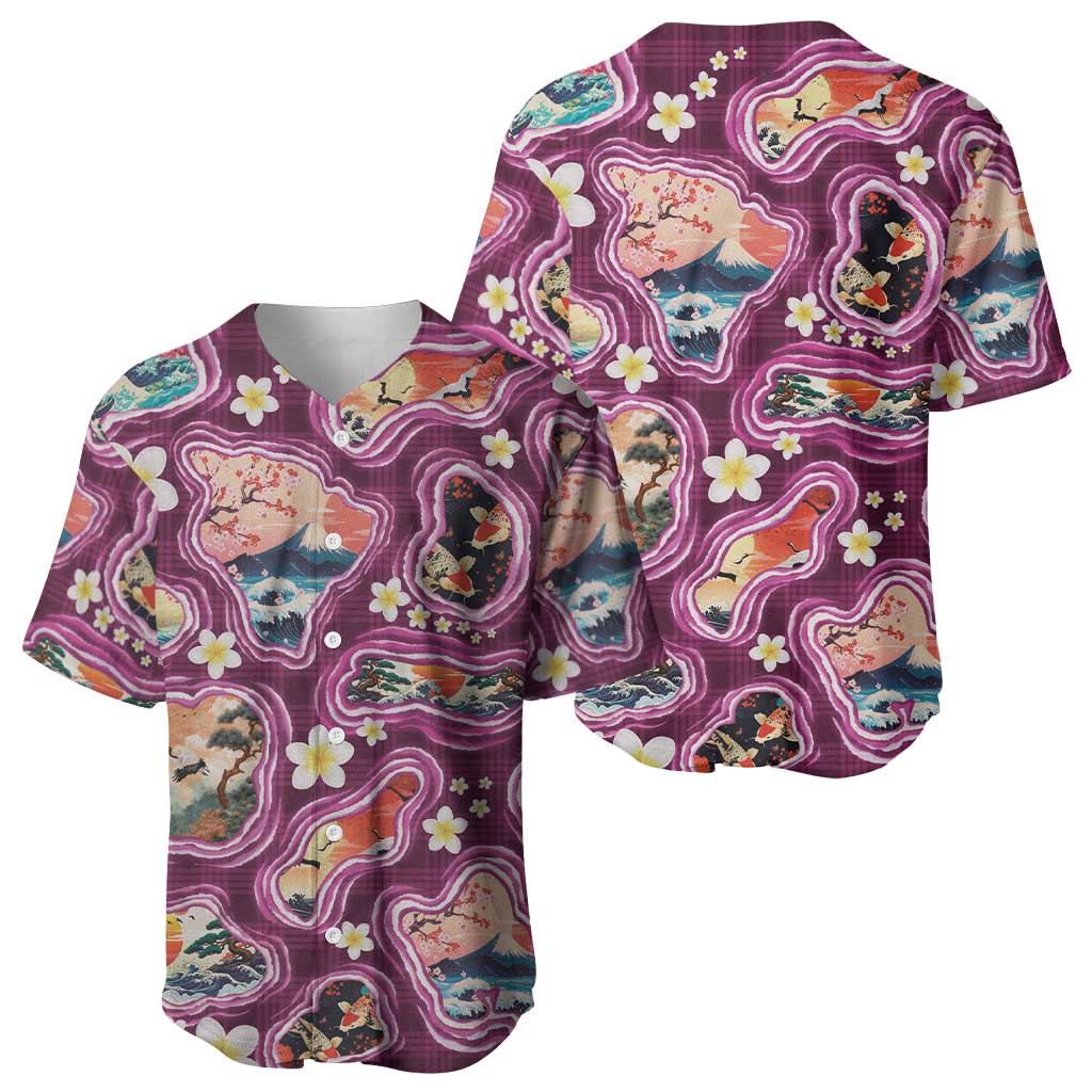 Hawaii Islands Map Design with Japanese Landscape Baseball Jersey Hawaiian Japan Fusion Art Pink Color
