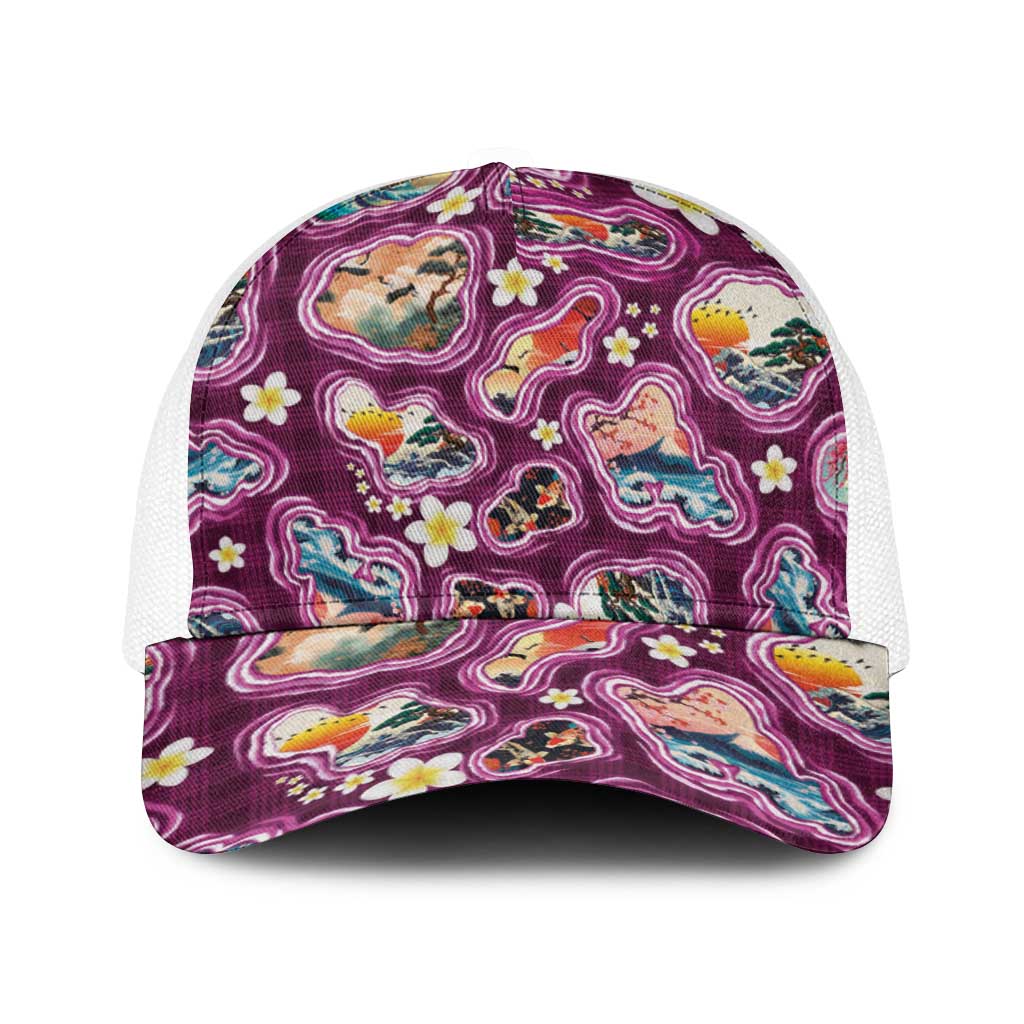 Hawaii Islands Map Design with Japanese Landscape Baseball Net Cap Hawaiian Japan Fusion Art Pink Color