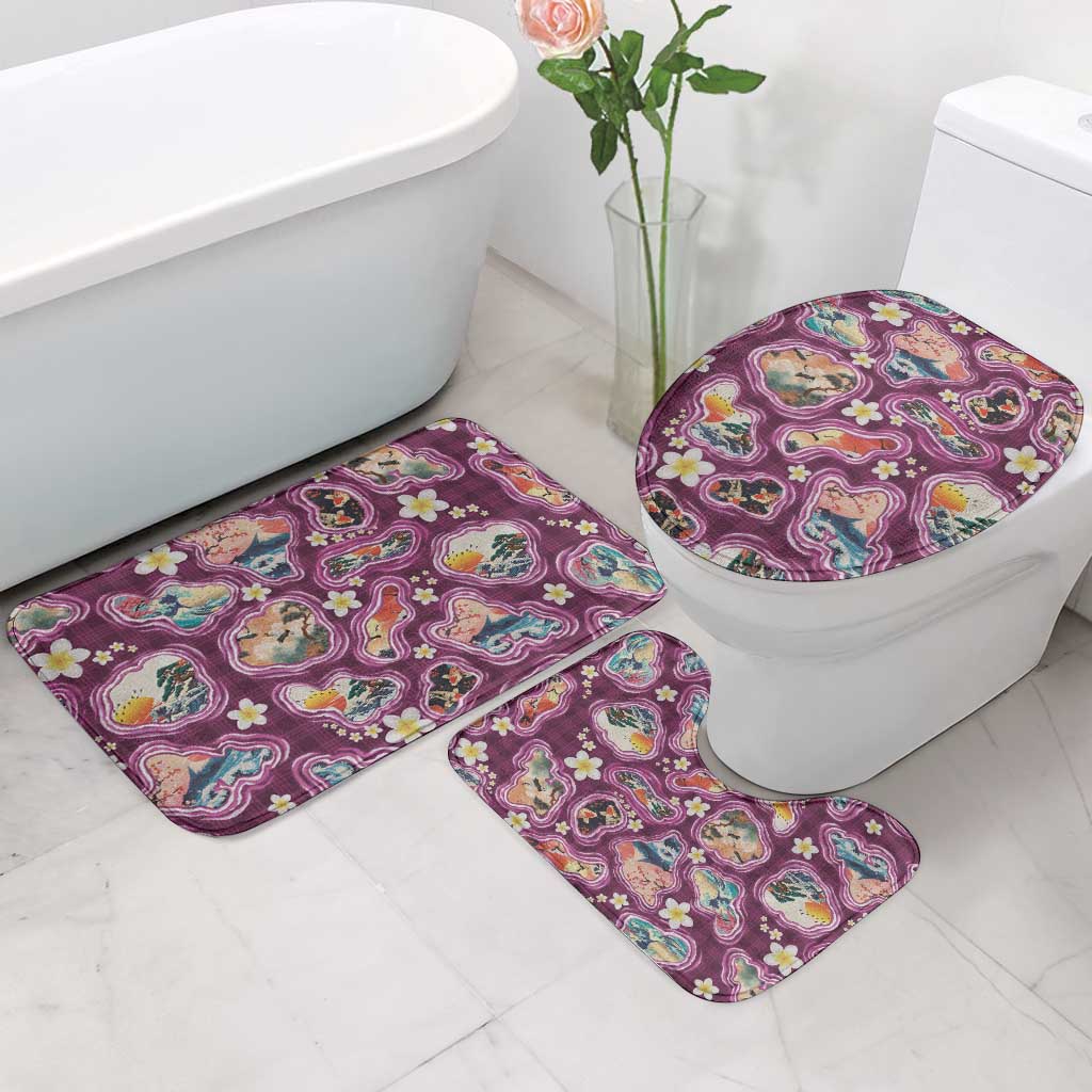 Hawaii Islands Map Design with Japanese Landscape Bathroom Set Hawaiian Japan Fusion Art Pink Color
