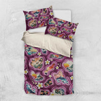 Hawaii Islands Map Design with Japanese Landscape Bedding Set Hawaiian Japan Fusion Art Pink Color