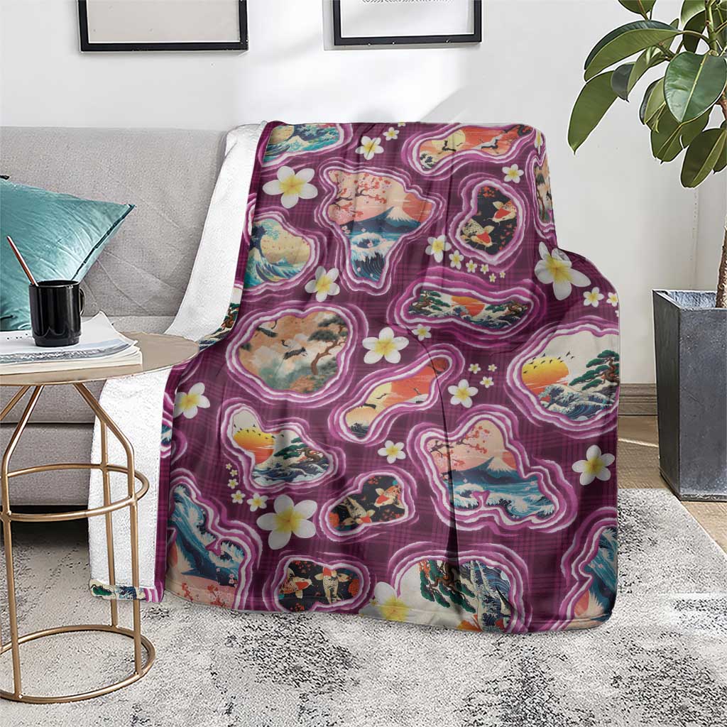 Hawaii Islands Map Design with Japanese Landscape Blanket Hawaiian Japan Fusion Art Pink Color