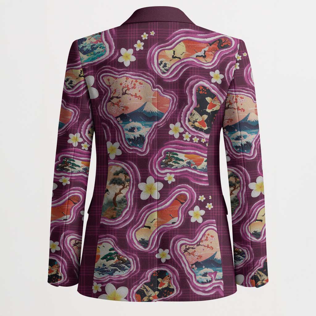 Hawaii Islands Map Design with Japanese Landscape Blazer Hawaiian Japan Fusion Art Pink Color