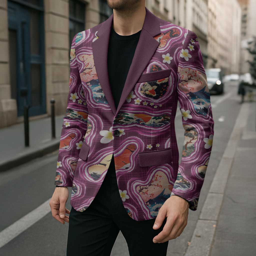 Hawaii Islands Map Design with Japanese Landscape Blazer Hawaiian Japan Fusion Art Pink Color