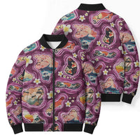 Hawaii Islands Map Design with Japanese Landscape Bomber Puffer Jacket Hawaiian Japan Fusion Art Pink Color