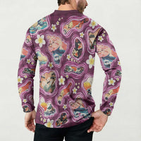 Hawaii Islands Map Design with Japanese Landscape Button Sweatshirt Hawaiian Japan Fusion Art Pink Color