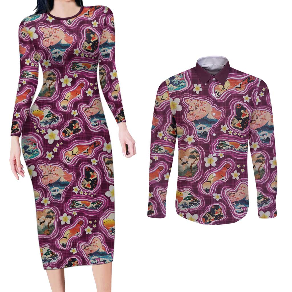 Hawaii Islands Map Design with Japanese Landscape Couples Matching Long Sleeve Bodycon Dress and Long Sleeve Button Shirt Hawaiian Japan Fusion Art Pink Color LT03 Pink - Polynesian Pride