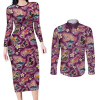 Hawaii Islands Map Design with Japanese Landscape Couples Matching Long Sleeve Bodycon Dress and Long Sleeve Button Shirt Hawaiian Japan Fusion Art Pink Color LT03 Pink - Polynesian Pride