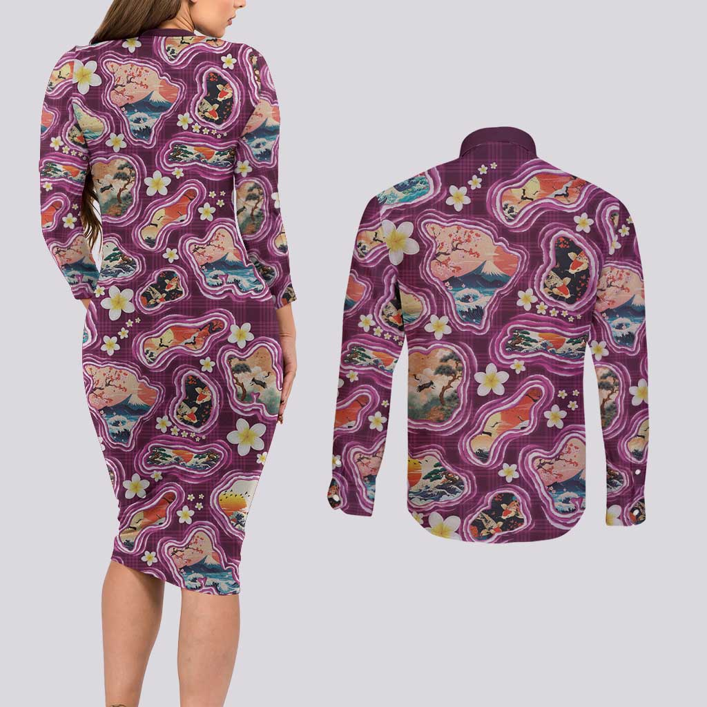 Hawaii Islands Map Design with Japanese Landscape Couples Matching Long Sleeve Bodycon Dress and Long Sleeve Button Shirt Hawaiian Japan Fusion Art Pink Color LT03 - Polynesian Pride