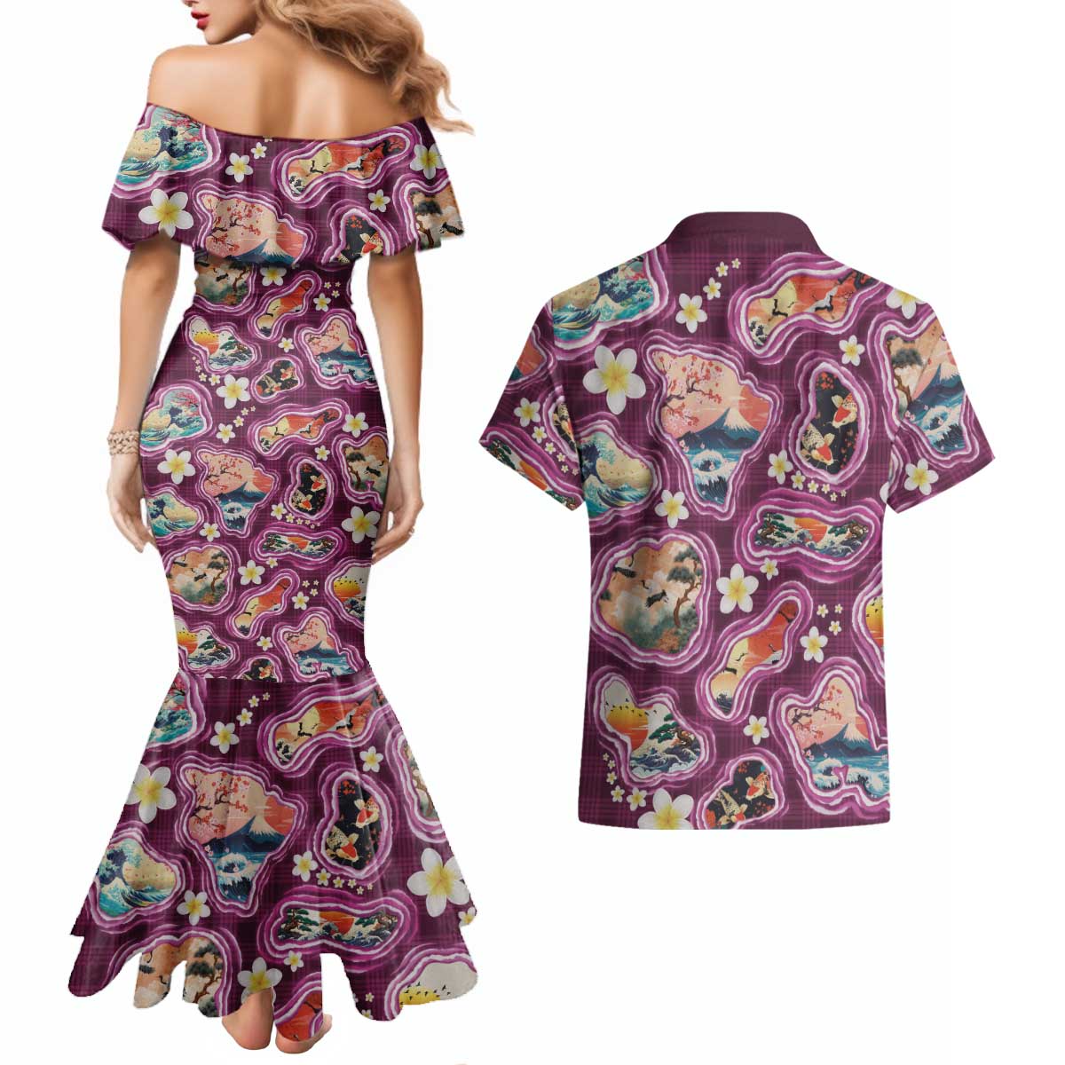 Hawaii Islands Map Design with Japanese Landscape Couples Matching Mermaid Dress and Hawaiian Shirt Hawaiian Japan Fusion Art Pink Color LT03 - Polynesian Pride
