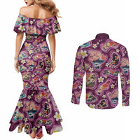 Hawaii Islands Map Design with Japanese Landscape Couples Matching Mermaid Dress and Long Sleeve Button Shirt Hawaiian Japan Fusion Art Pink Color LT03 - Polynesian Pride