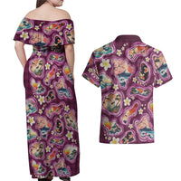 Hawaii Islands Map Design with Japanese Landscape Couples Matching Off Shoulder Maxi Dress and Hawaiian Shirt Hawaiian Japan Fusion Art Pink Color LT03 - Polynesian Pride