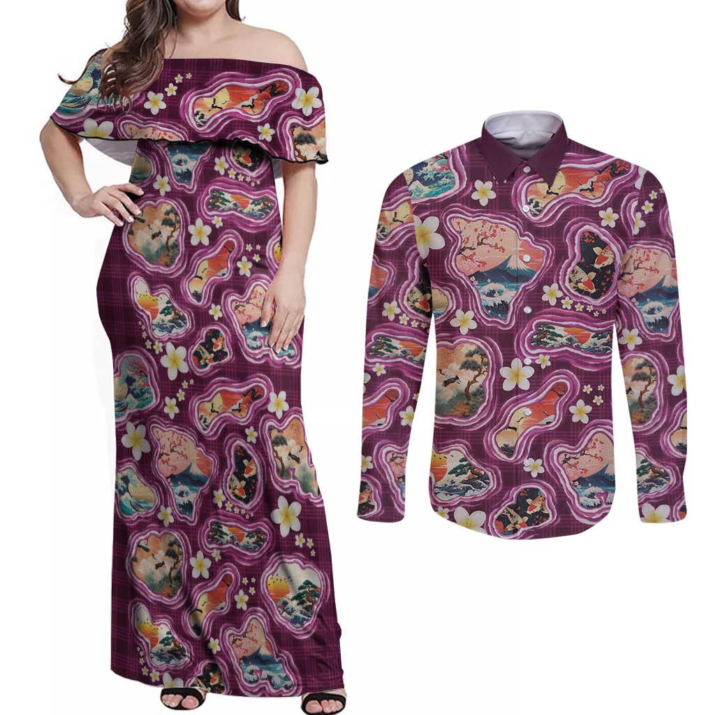 Hawaii Islands Map Design with Japanese Landscape Couples Matching Off Shoulder Maxi Dress and Long Sleeve Button Shirt Hawaiian Japan Fusion Art Pink Color LT03 Pink - Polynesian Pride