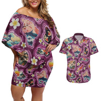 Hawaii Islands Map Design with Japanese Landscape Couples Matching Off Shoulder Short Dress and Hawaiian Shirt Hawaiian Japan Fusion Art Pink Color LT03 Pink - Polynesian Pride