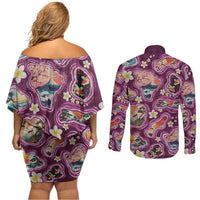 Hawaii Islands Map Design with Japanese Landscape Couples Matching Off Shoulder Short Dress and Long Sleeve Button Shirt Hawaiian Japan Fusion Art Pink Color LT03 - Polynesian Pride