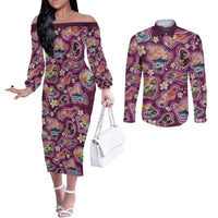 Hawaii Islands Map Design with Japanese Landscape Couples Matching Off The Shoulder Long Sleeve Dress and Long Sleeve Button Shirt Hawaiian Japan Fusion Art Pink Color LT03 Pink - Polynesian Pride